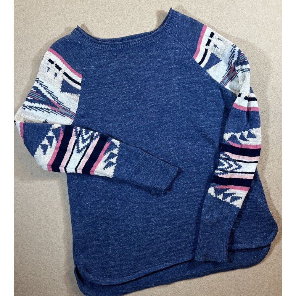 Chaps Sweater Womens Size L Blue Southwest Tribal Aztec Navajo Print Roll Neck